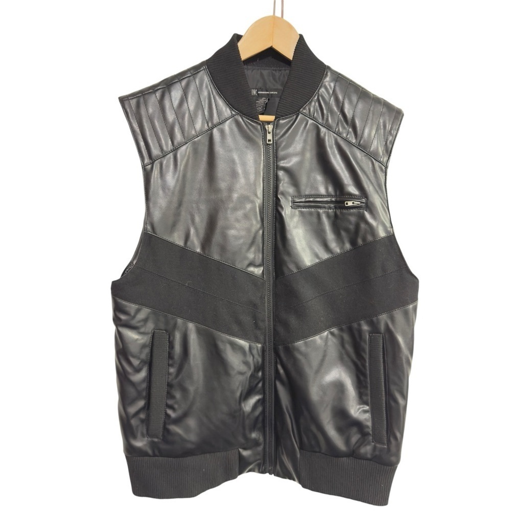 INC International Concepts Faux Leather Vest Black Quilted Moto Style Size M